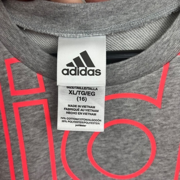 Adidas Girls Terry Short Sleeve Adidas Spellout Crewneck in Grey and Coral Sz XL - Picture 2 of 6